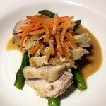 sous vide chicken Sous Vide chicken, chicken leg meat-glued to chicken breast,asparagus, baked carrots
